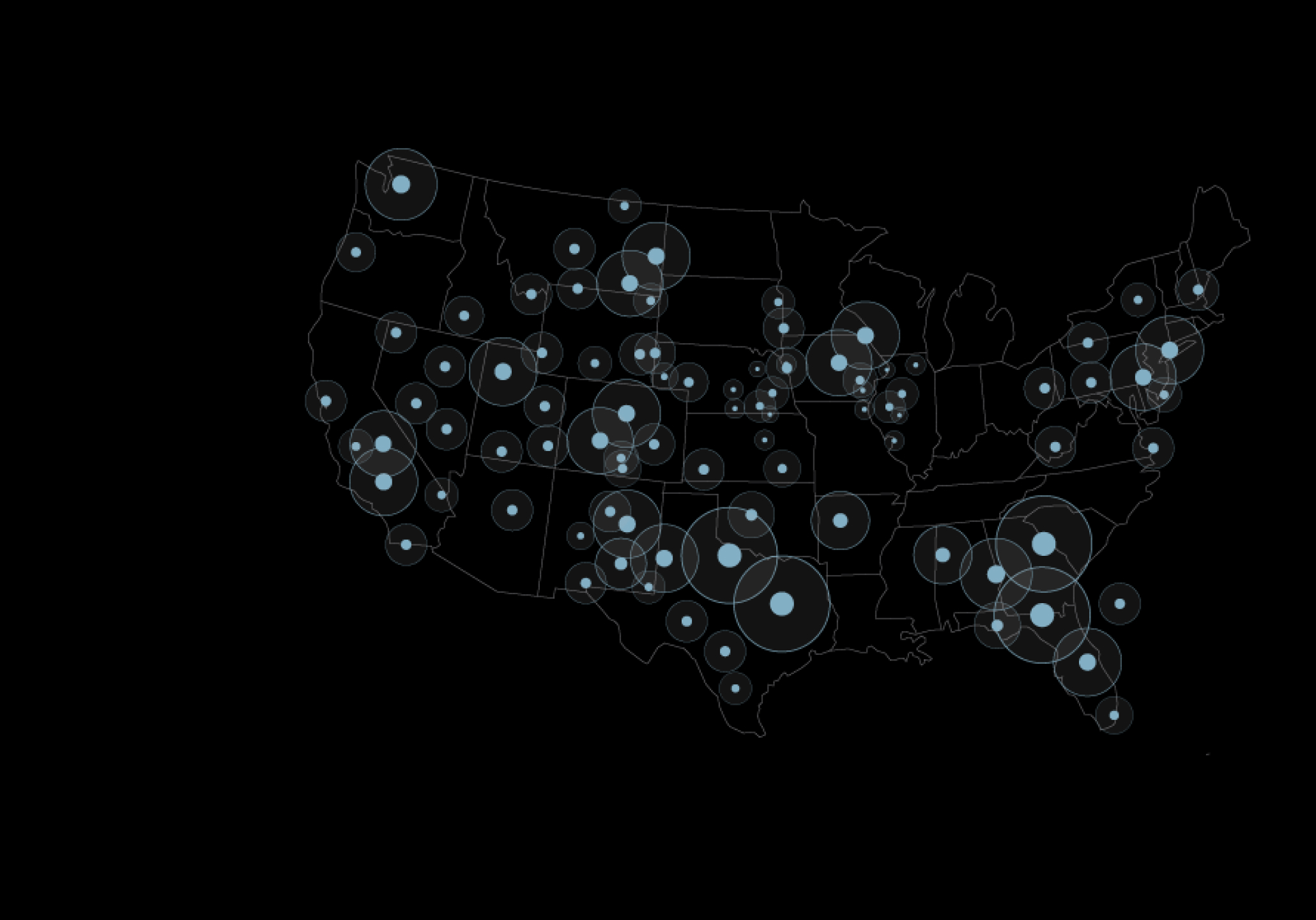 Data centers layered on a map of the US