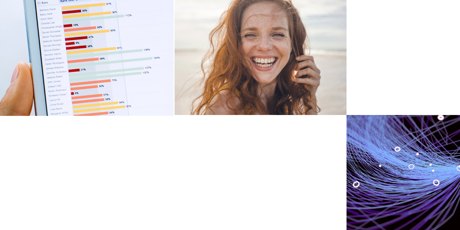 Top left: tablet with a list of patient metrics; top right: Smiling white redhead woman on the beach