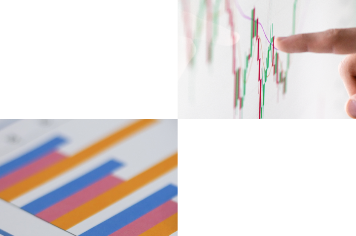 Top right: Finger tracing a stock market chart; Bottom left: Bar chart