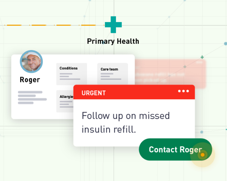 Illustration of patient Roger having an urgent task to follow up on missed insulin refill